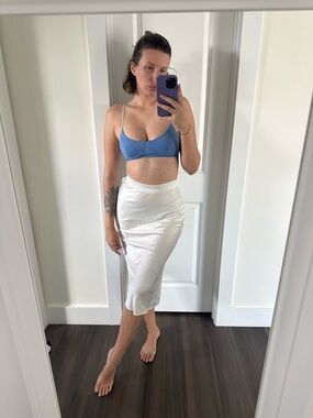 White Satin Midi Skirt - Sleek High-Waist Pencil Style